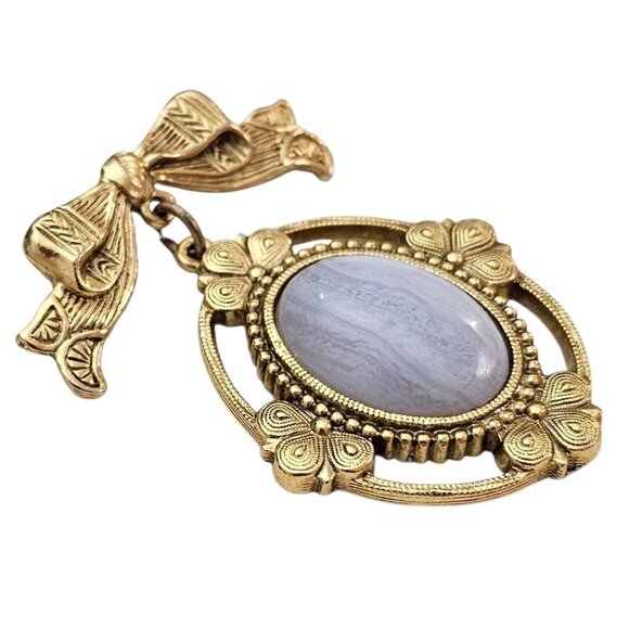 1928 Brand Bow Brooch Oval Setting, Blue Lab Agate Pin - Picture 2 of 7